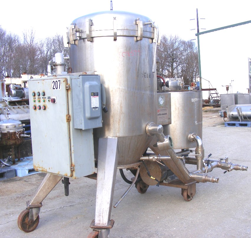 ***SOLD***used VELO Vertical Pressure Leaf Filter. Model F-20 Superfiltro Autopulente (Self-Cleaning). Has dosing vessel with mixer and pump. These type of units are used in sanitary application for Wine, (Brewery) Beer, Wort, Vinegar, Fruit Juice and Oil.  Rated at approx. 300 HL (8000 Gal.)/HR. for Wine and 110 HL (3000 Gal.)/HR for Beer.